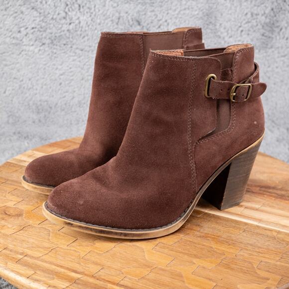 Lucky Brand Esperanza Brown Suede Leather Block Heel Ankle Boots Womens Size 6.5 - Picture 3 of 6